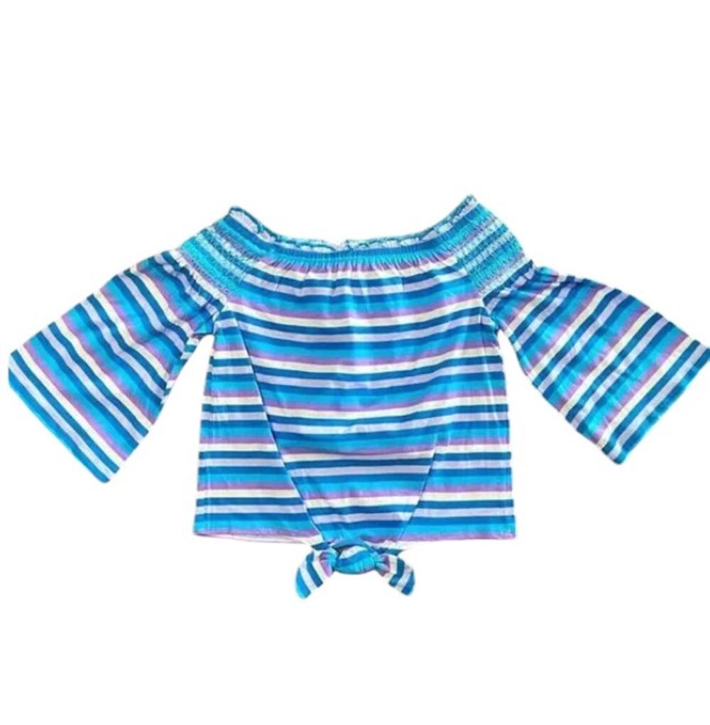 Cloud Chaser Girl's Peasant Top Blue Purple Stripe Bell Sleeve Size Medium NWT
